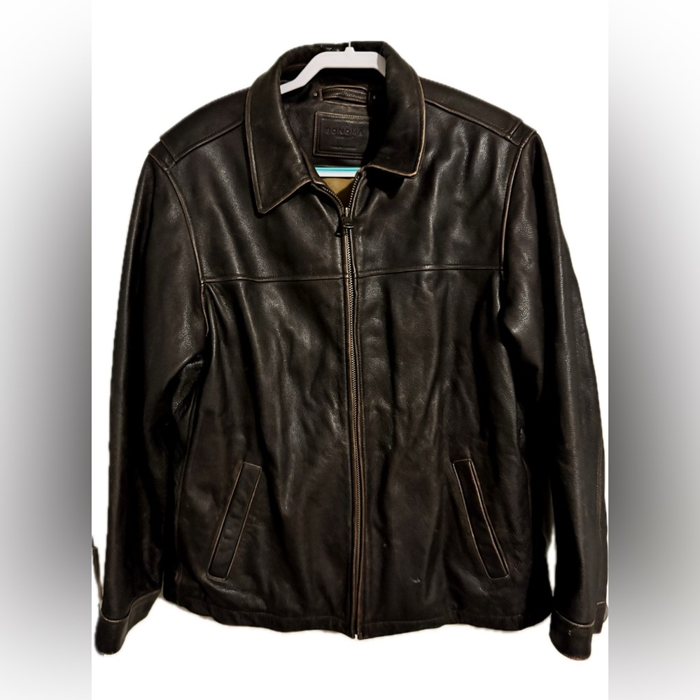 Sonoma Men's Brown Genuine Leather Zip Jacket, Large